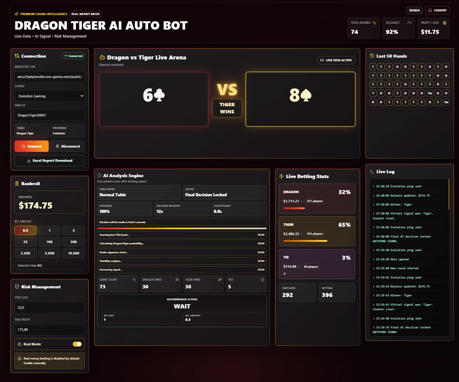 Satoshi Dragon Tiger AI Bot – AI-Powered Dragon Tiger Automation Software 7 Satoshi Dragon Tiger AI Bot software interface screenshot